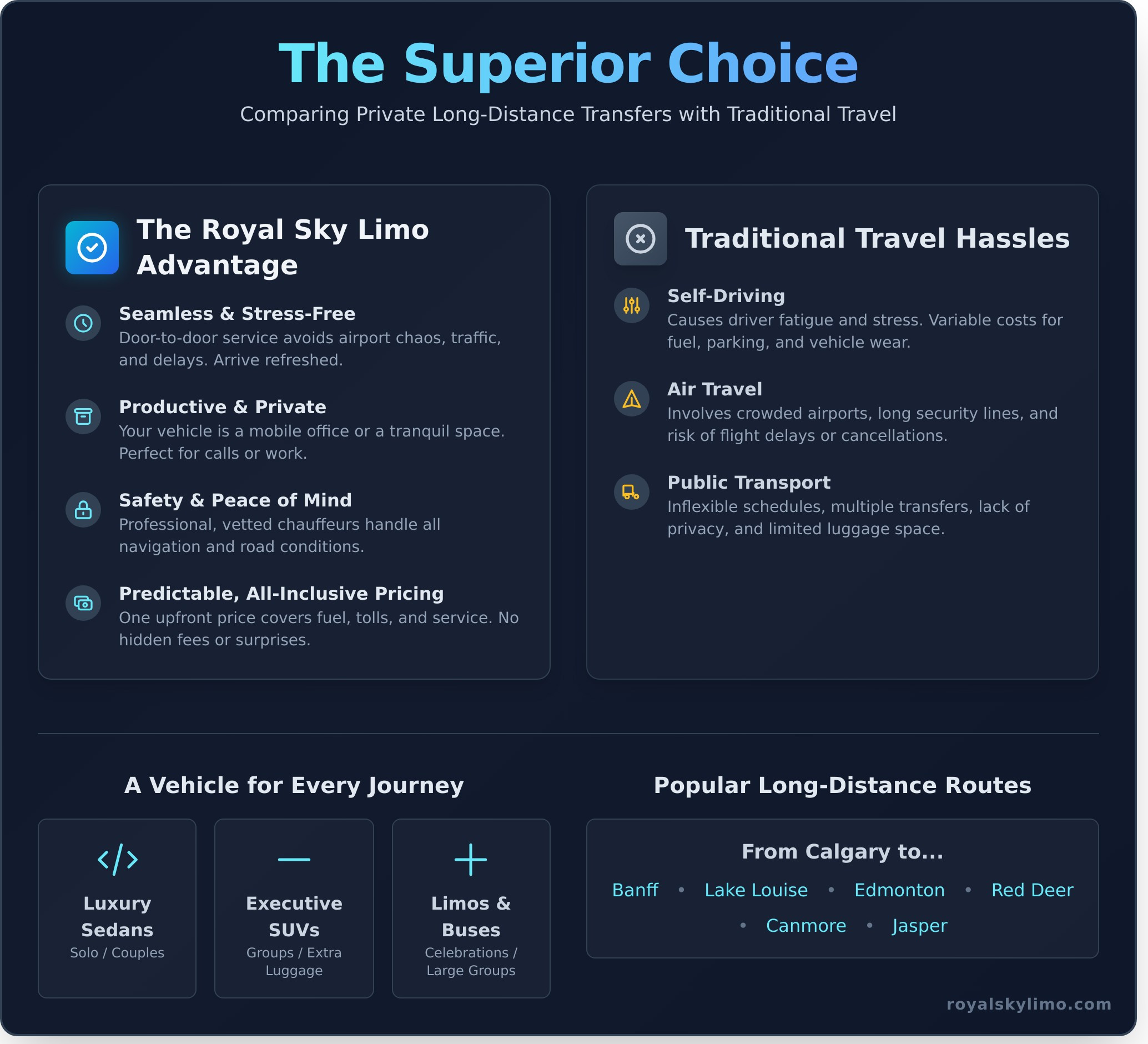 Long-Distance Transfers: Travel Alberta in Ultimate Comfort & Style - Infographic